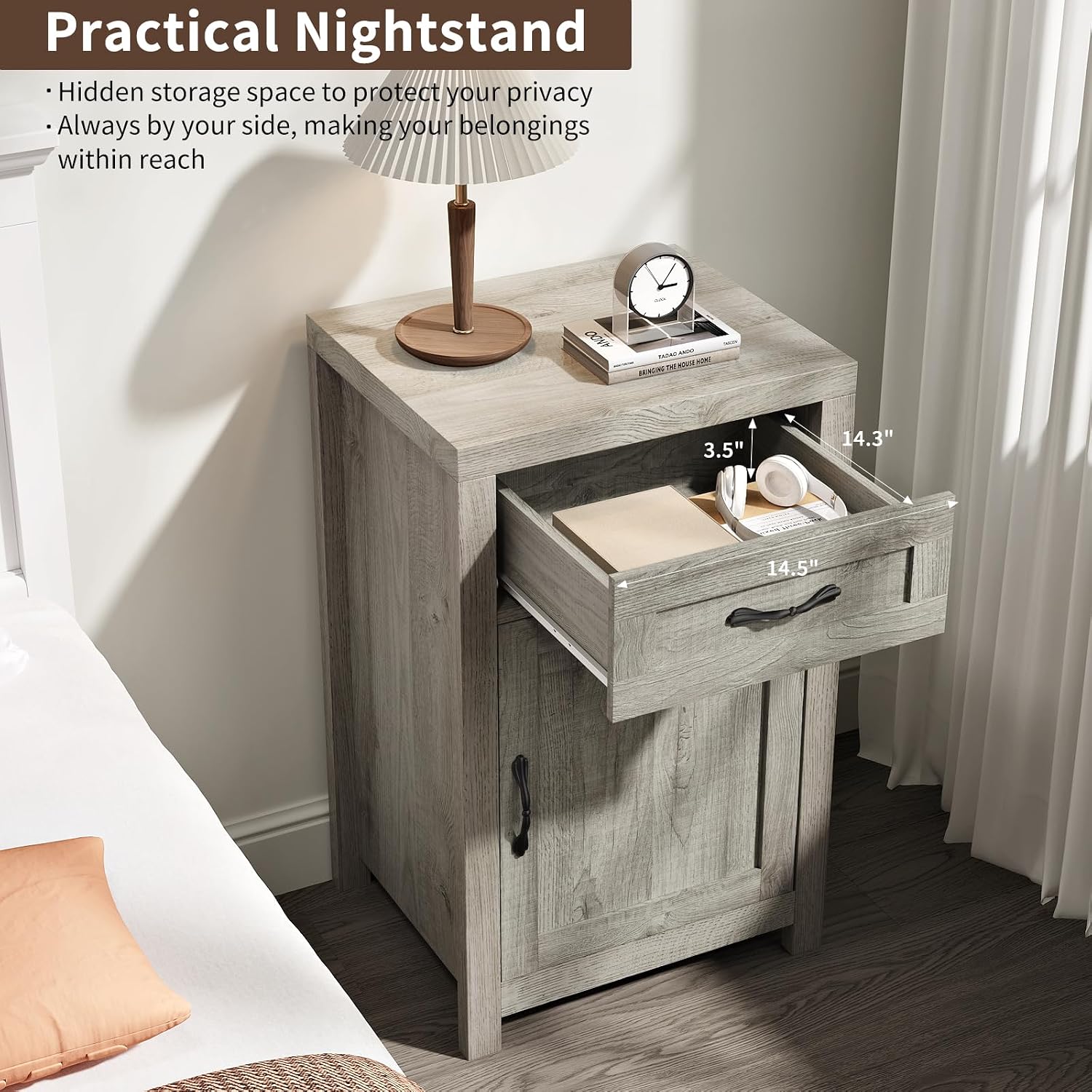 Farmhouse Nightstand Set of 2 with Drawer, 30' End Table with Storage Cabinet and Adjustable Shelf, Tall Bedside Table Rustic Wood Sofa Side Table for Living Room, Bedroom, Grey