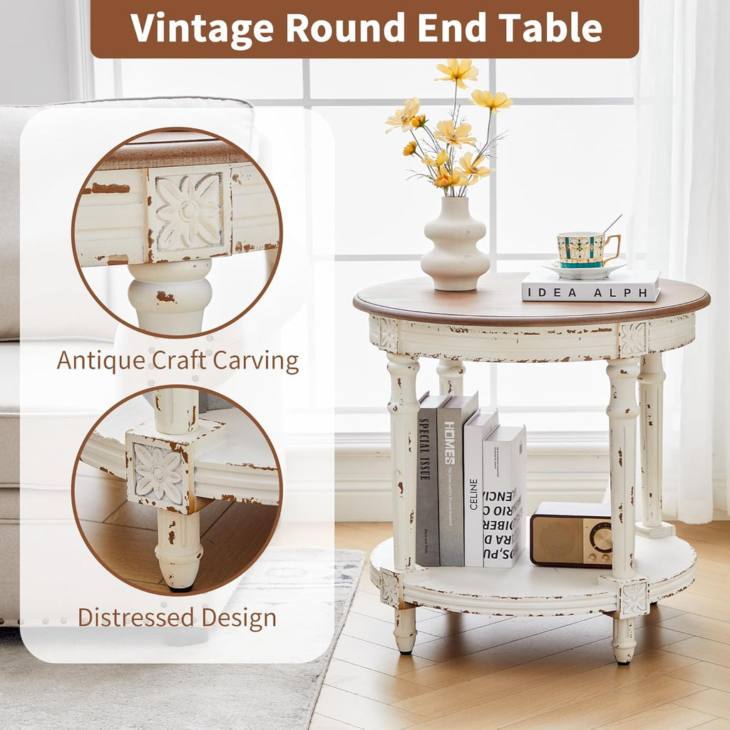 BERRYMERRY 23.6' French Country Round End Table Set of 2, Two Tone Distress 2 Tier Side Table for Living Room Small Space,Easy Assembly