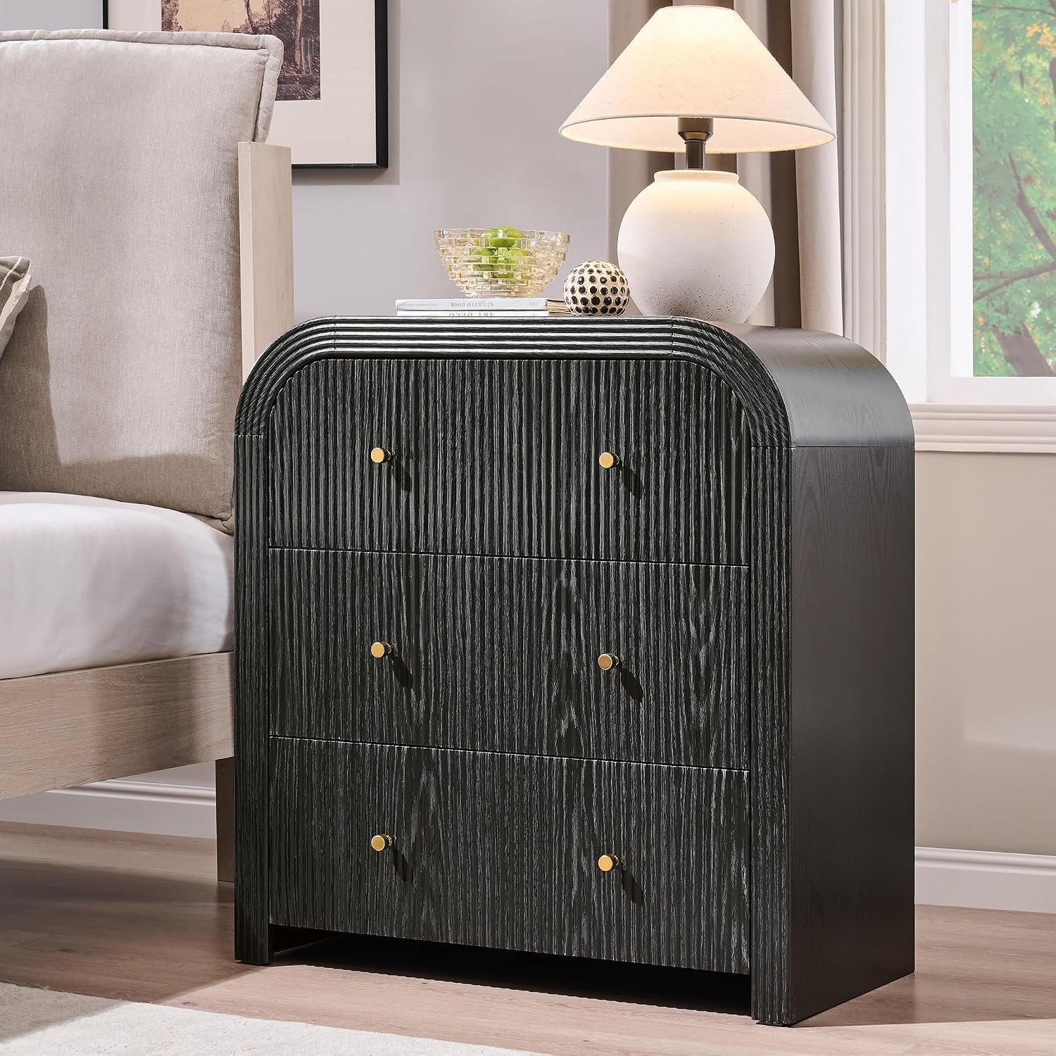 T4TREAM Fluted Nightstand with Charging Station, 32' Large 3 Drawers Bedside Table, Modern End Table with Storage Night Stand for Bedroom, Living Room, Round Curved Corner Design, Black Oak
