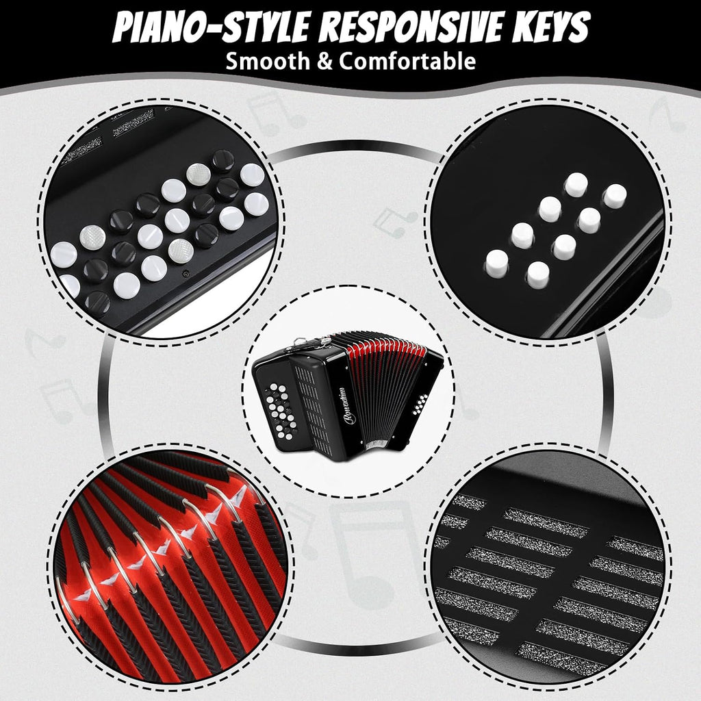 Accordions,22 keys Accordion,8 Bass Student Piano accordions Suitable for beginners and students Lightweight and portable, comes with a backpack and adjustable straps (8 Bass, Black)