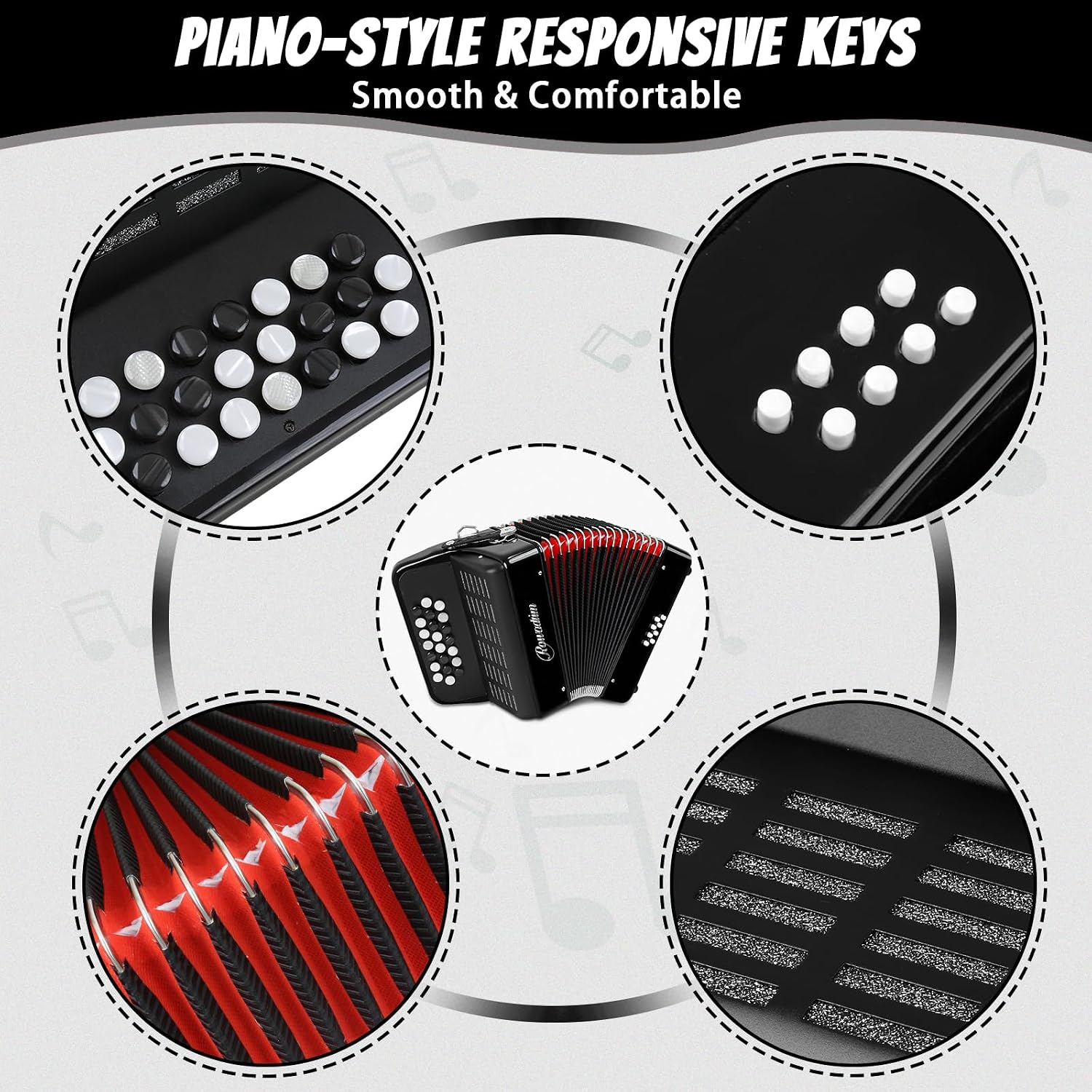 Accordions,22 keys Accordion,8 Bass Student Piano accordions Suitable for beginners and students Lightweight and portable, comes with a backpack and adjustable straps (8 Bass, Black)