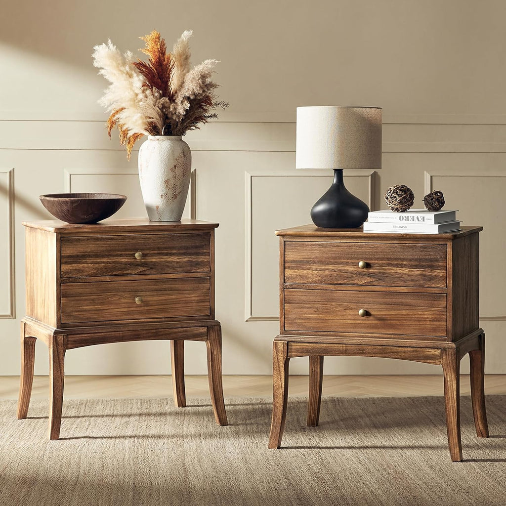 HULALA HOME Solid Wood End Table with Charging Station, 2 Drawer Side Table, Tall Mid Century Modern End Table for Living Room Set of 2, Cherry