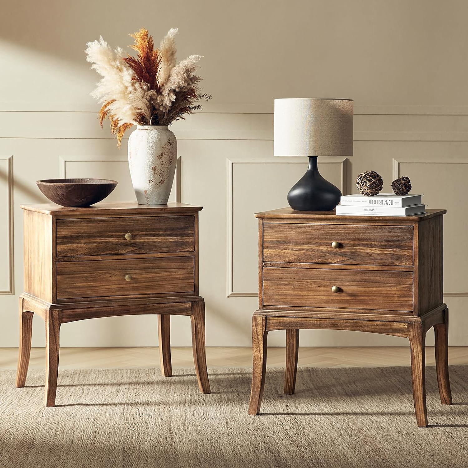 HULALA HOME Solid Wood End Table with Charging Station, 2 Drawer Side Table, Tall Mid Century Modern End Table for Living Room Set of 2, Cherry