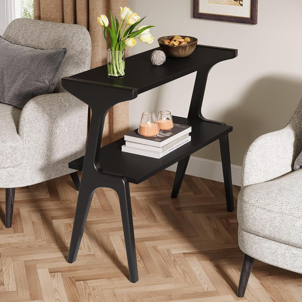 Tribesigns Set of 2 Solid Wood End Table, Modern Side Table for Couch, 2-Tier Narrow Tall End Table, Long Bedside Table for Living Room, Bedroom, Black