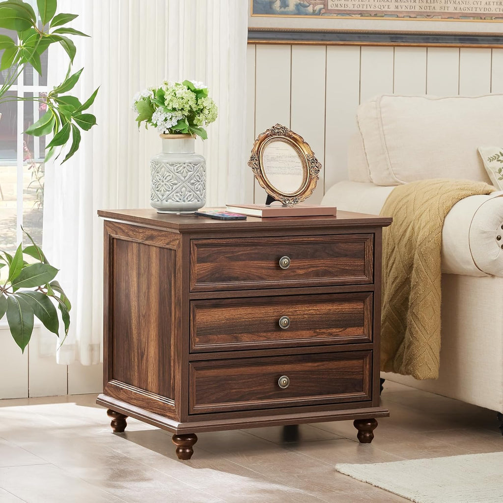 Joaxswe 24' Wide Farmhouse Night Stand Set of 2,Large End Table with 3 Drawers & Metal Handle,Brown Wood Dresser for Bedroom Cabinet, Bed Side Table Chest of Drawers,Nightstand for Living Room,Closet