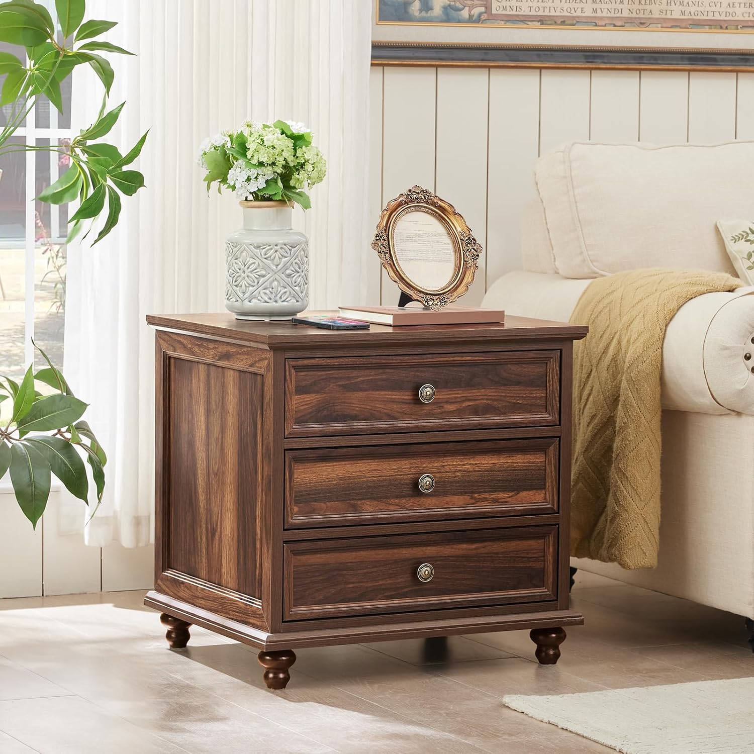 Joaxswe 24' Wide Farmhouse Night Stand,Large End Table with 3 Drawers & Metal Handle,Wood Dresser for Bedroom Cabinet, Bed Side Table Chest of Drawers,Brown Nightstand for Living Room,Close