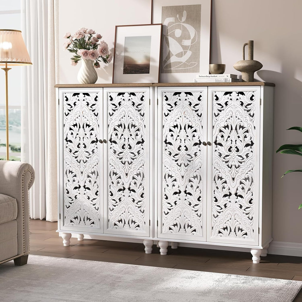 JOINICE 47' Tall Accent Cabinet with Carved Doors, Distressed White Wood Storage Cabinet with 3-Tier Shelves, Boho Farmhouse Sideboard Buffet for Small Spaces, Entryway & Living Room