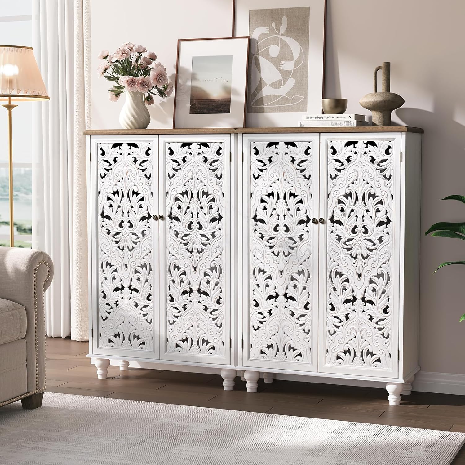 JOINICE 47' Tall Accent Cabinet with Carved Doors, Distressed White Wood Storage Cabinet with 3-Tier Shelves, Boho Farmhouse Sideboard Buffet for Small Spaces, Entryway & Living Room