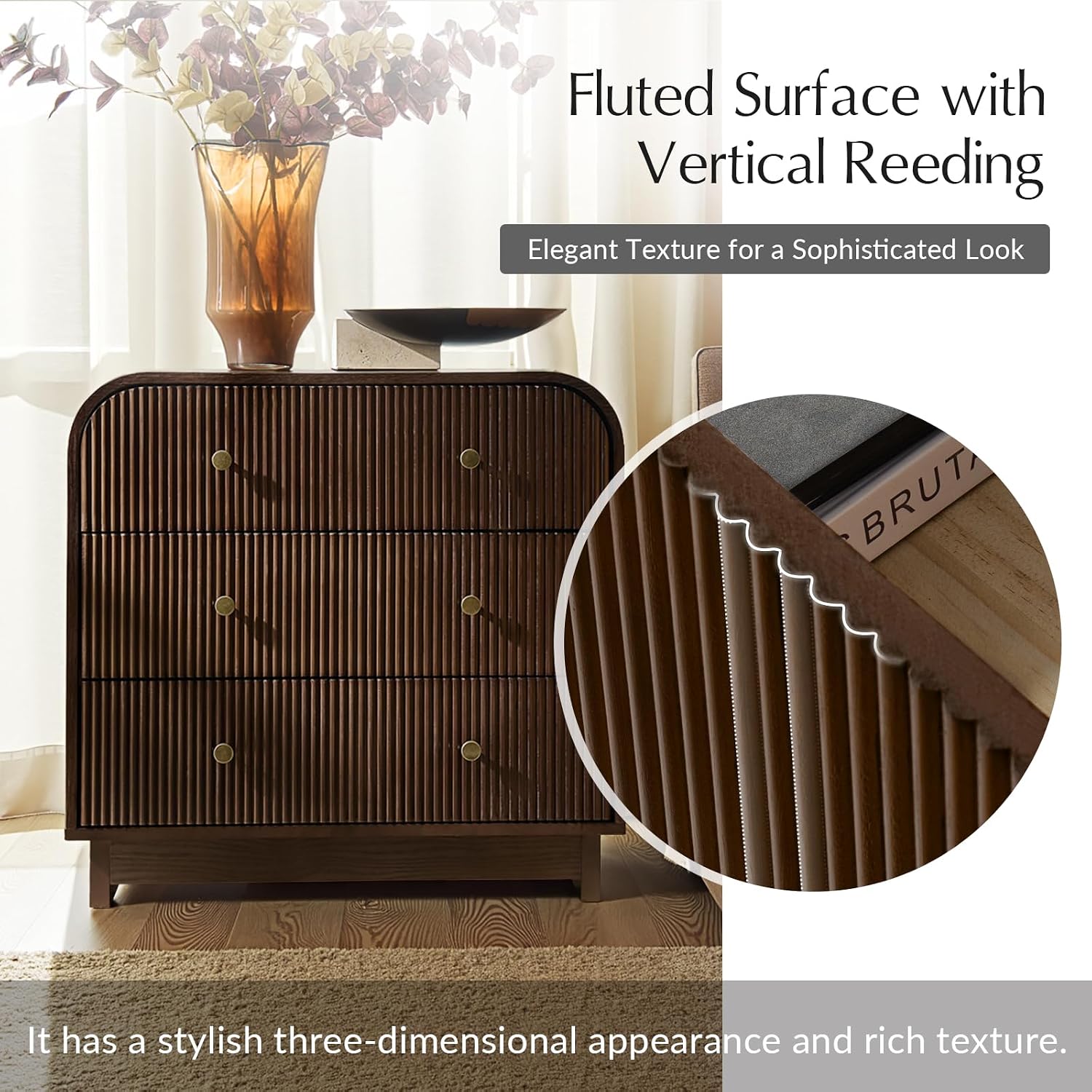 HULALA HOME Fluted Storage End Table with Charging Station, Modern 3 Drawer Wood Side Table with Solid Wood Legs, Large SideTable for Living Room Room, Easy Assembly, Walnut