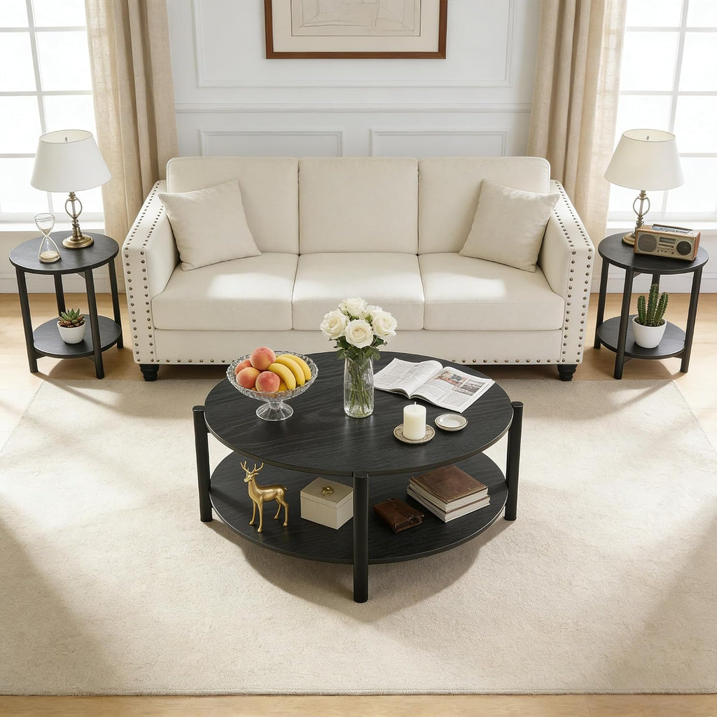 leovanni Coffee Table and End Table Sets, 34.4' Round Coffee Table with End Table Set of 3, Sturdy X-Brace Frame, 3 Piece Coffee Table for Living Room, Home Office