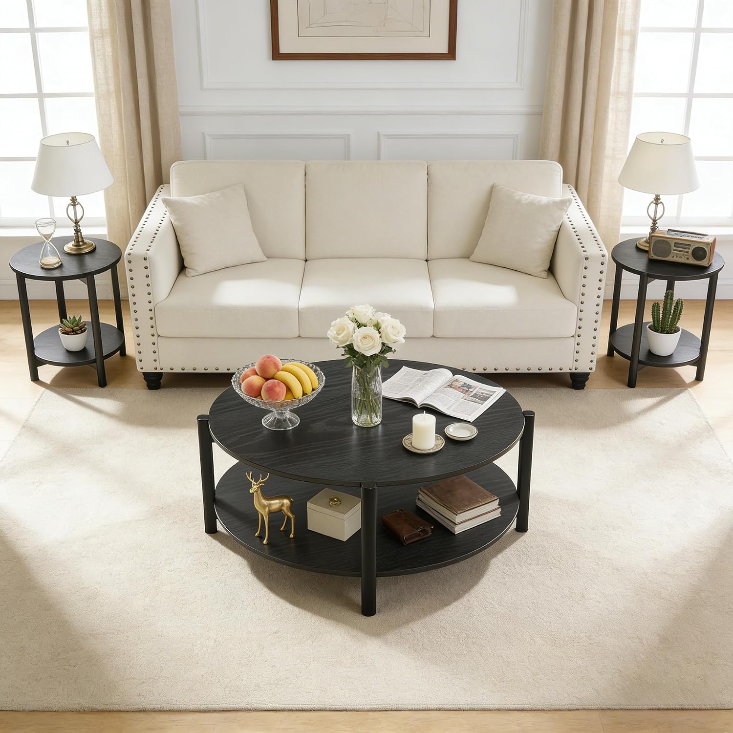 leovanni Coffee Table and End Table Sets, 34.4' Round Coffee Table with End Table Set of 3, Sturdy X-Brace Frame, 3 Piece Coffee Table for Living Room, Home Office