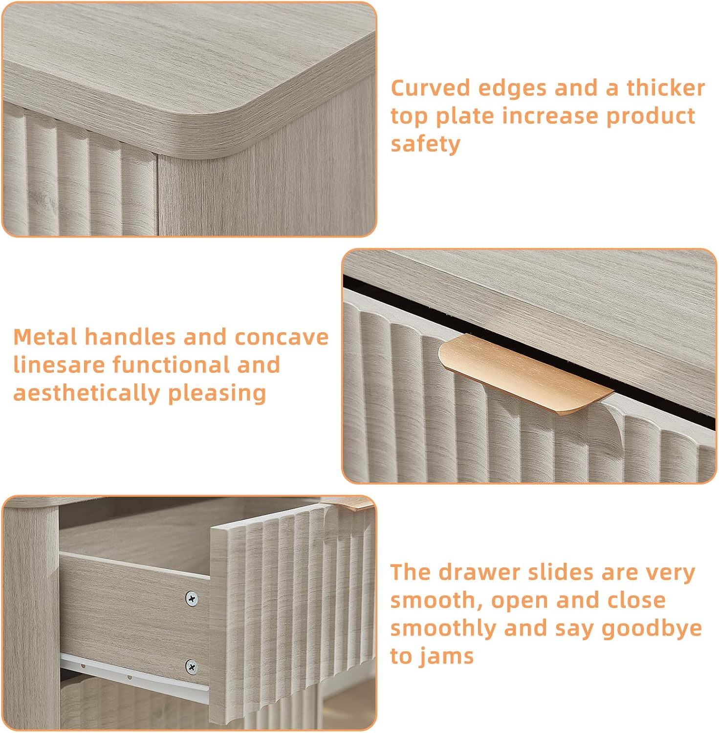 LEYAOYAO Fluted Farmhouse Nightstand Set of 2 with Charging Station, 23' Wide 3 Drawers Night Stand,LightGrey Dresser for Bedroom,Bed Side Table Chest of Drawers,Wood End Table for Living Room