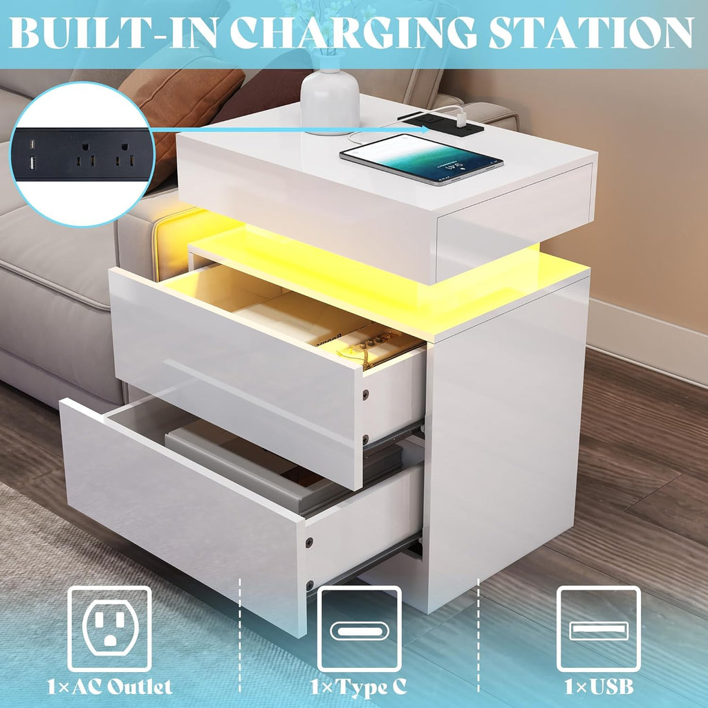 AMERLIFE High Gloss End Table Set of 2 with Charging Station, Modern Bedside Table Night Stand with Lights, LED Nightstand with Drawers for Bedroom Living Room, White