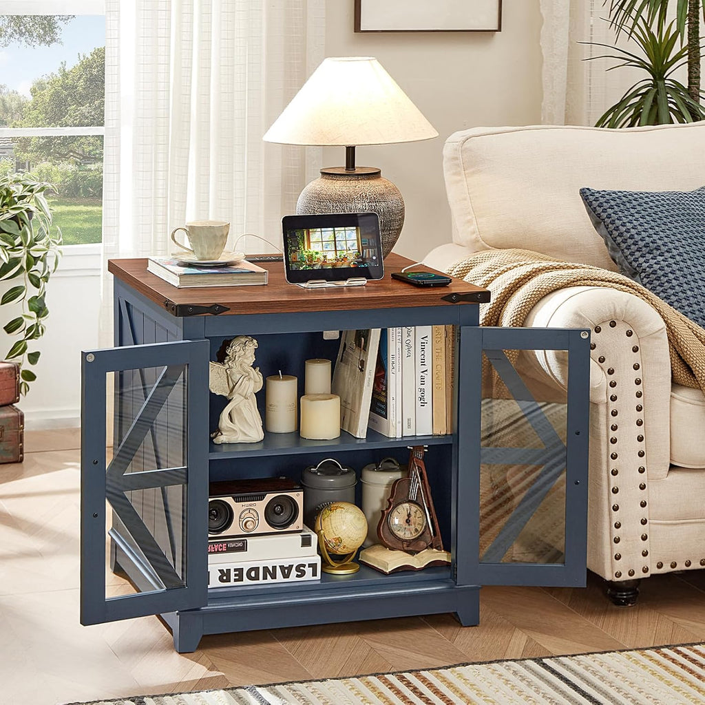 Joaxswe End Table Set 3 with Charger Station, Farmhouse 18'' Narrow Night Stand and 24' Square Side Table with Glass Barn Door Storage, Wood Nightstand Bedside Tables for Living Room Bedroom