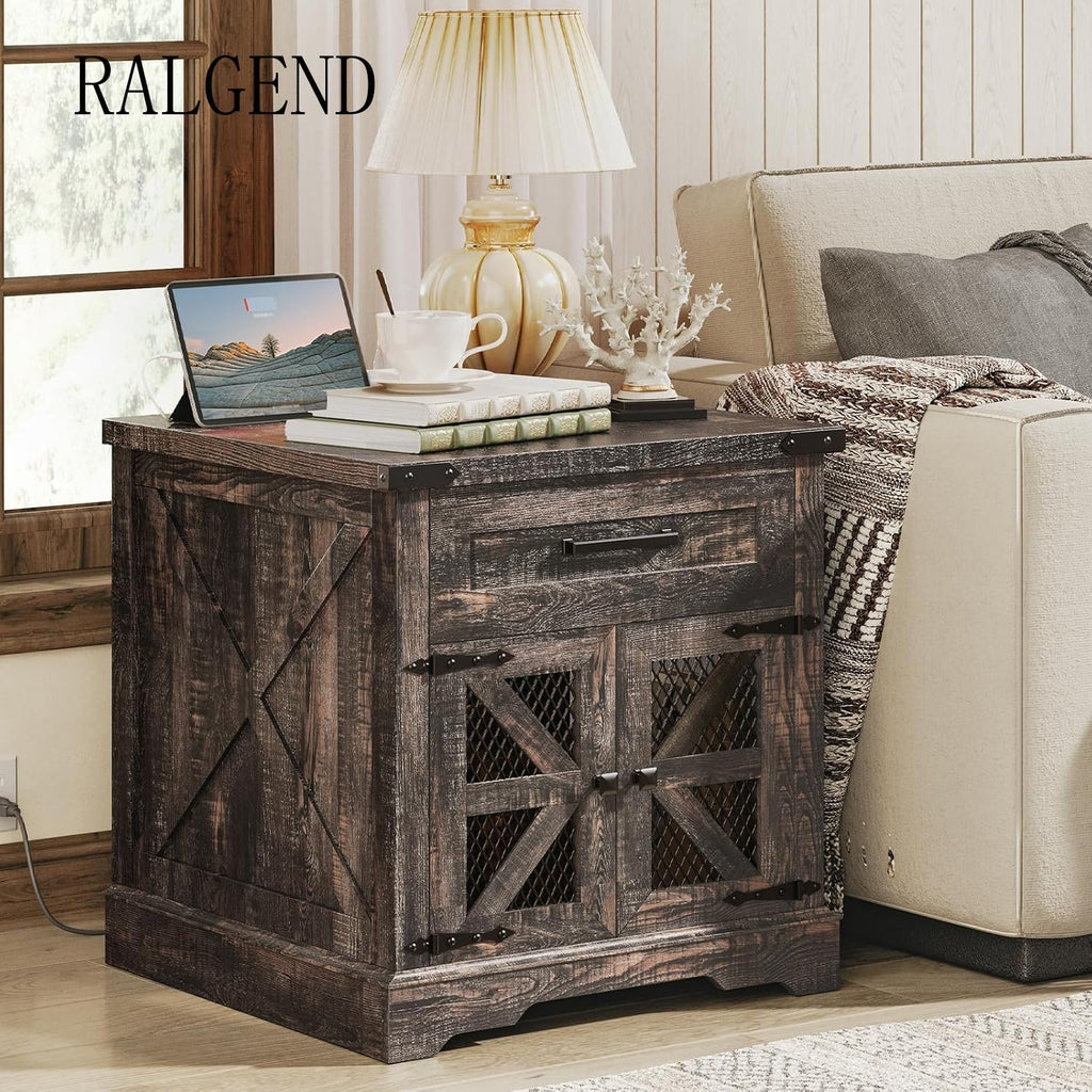RALGEND Farmhouse End Table Set of 2, 24' Large Sofa Side Table with Drawer, Large End Table for Living Room, Wooden Nightstand with Charging Station, Square, Dark Rustic Oak
