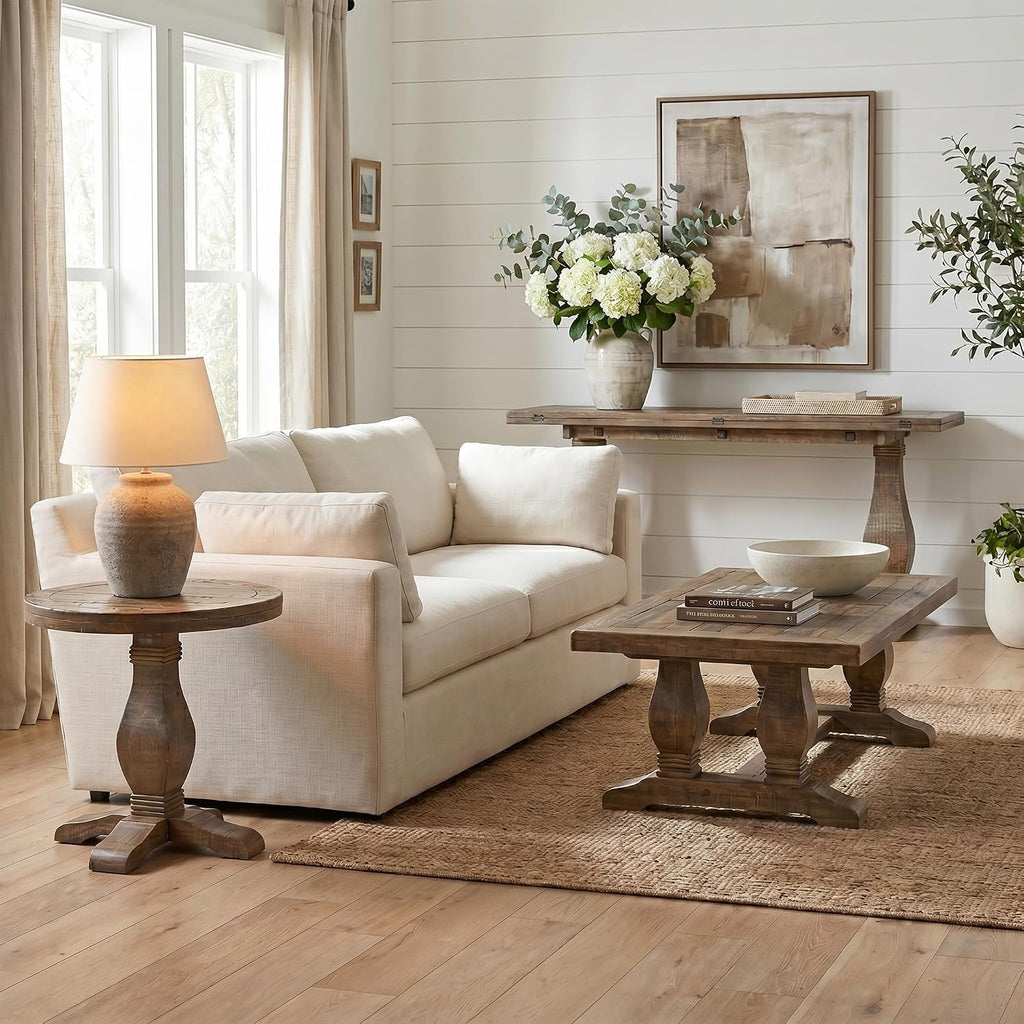 Napa Solid Wood Farmhouse Rustic Round End Side Living Room Table, Nightstand 26' W x 26' D x 25' H