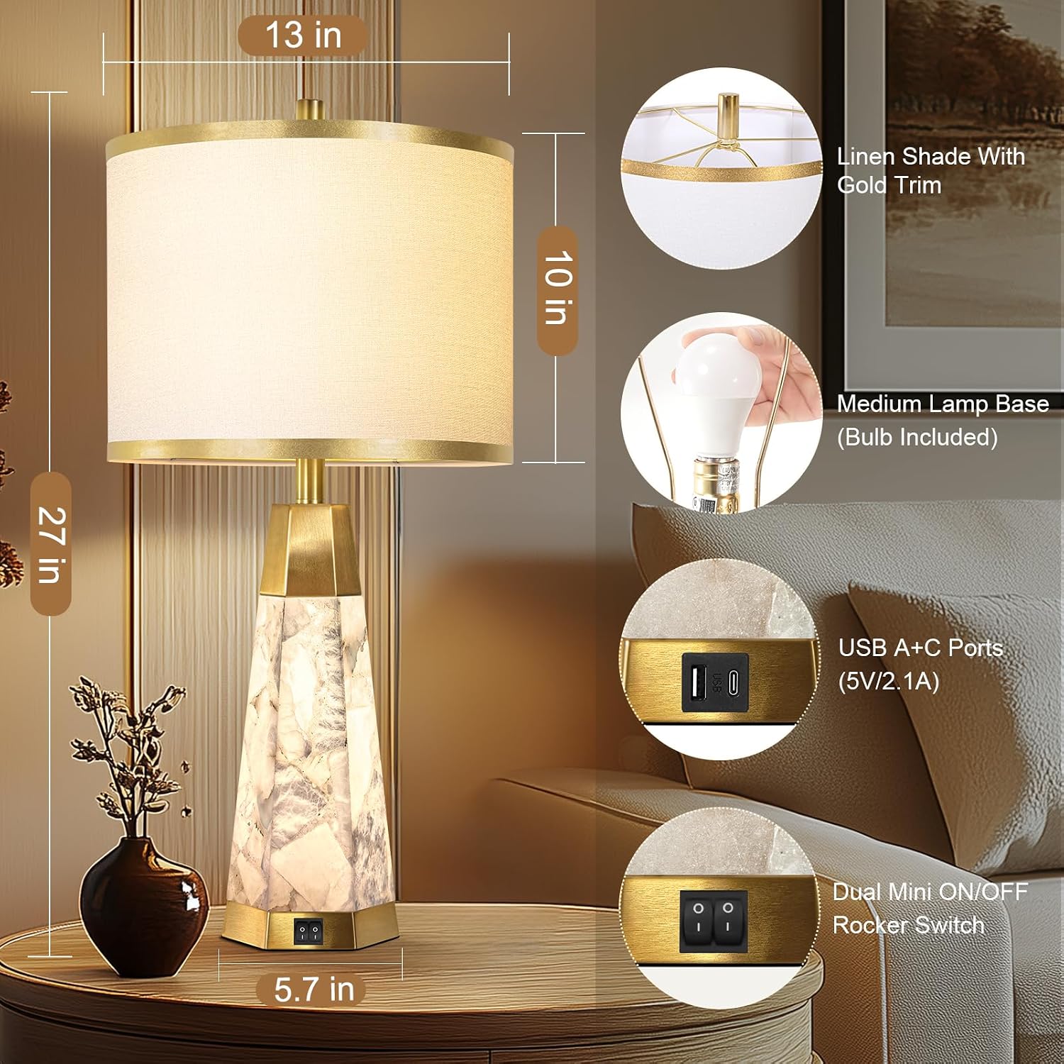 KIVDITZO 27' Alabaster Table Lamps Set of 2 - Lamps for Living Room with Night Light, Bedside Lamps with White Linen Shade, Nightstand Table Lamp with USB A+C Port for Bedroom Office (Bulb Included)