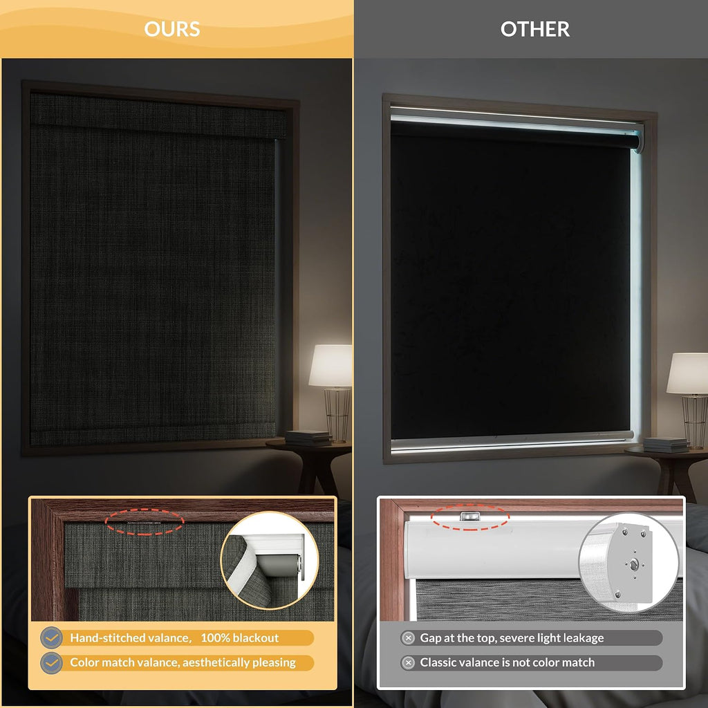 Boolegon Cordless Blackout Roller Shades for Windows, Free-Stop Linen Shades with Valance, Thermal Insulated Fabric, UV Protection Roller Blinds for Home, Office (Grey, 70' W x 60' H)