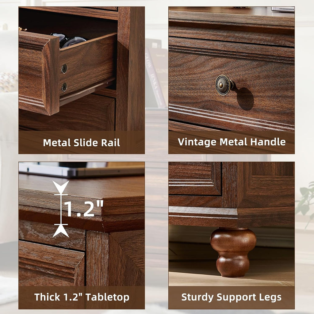 Joaxswe Farmhouse Nightstand Set of 2 with Charging Station, 24' Wide End Table with 3 Drawers,Dresser for Bedroom,Bed Side Table Chest of Drawers Cabinet,Wood Brown Night Stand for Living Room