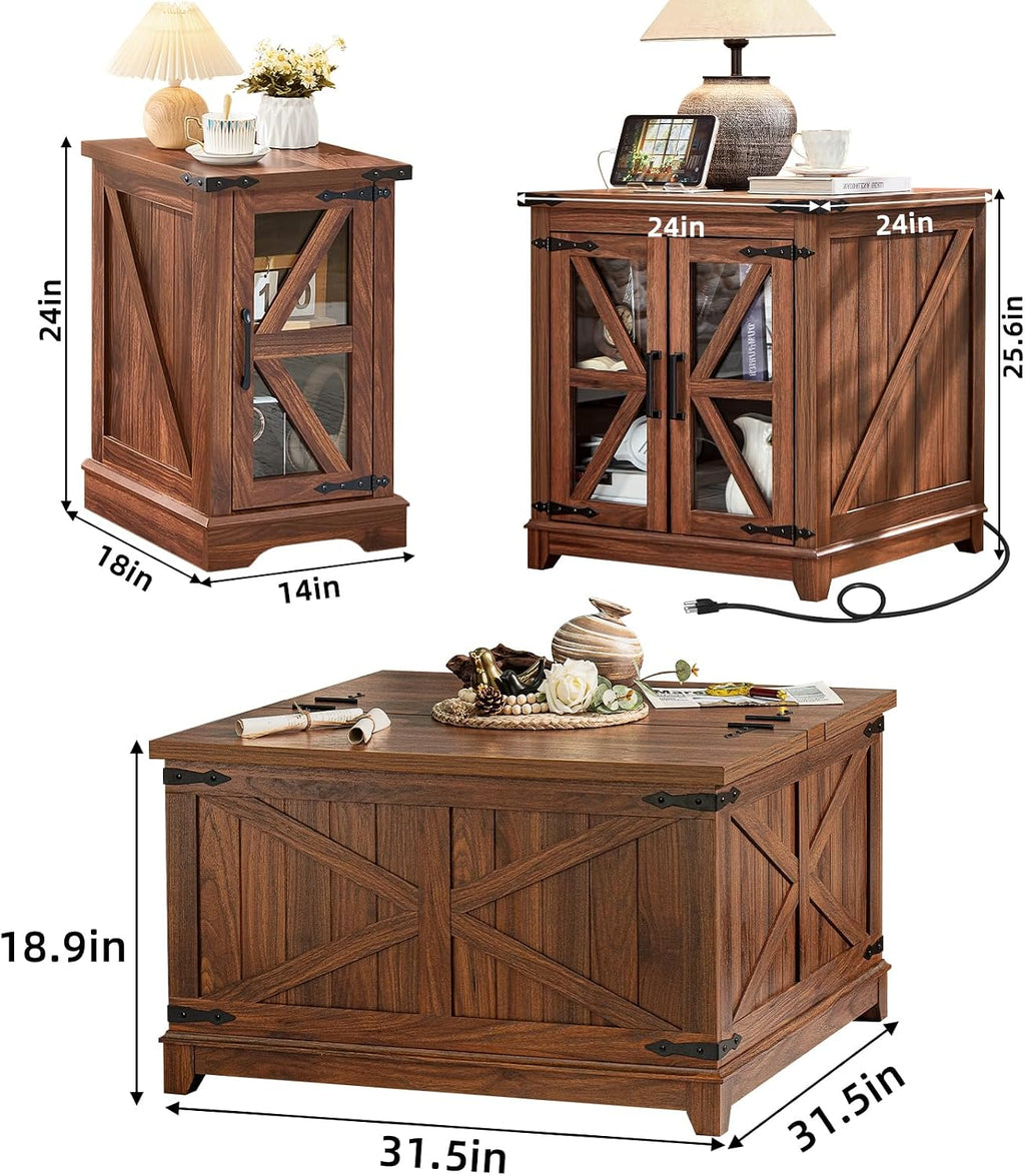 Joaxswe Farmhouse Coffee Table Sets 3 Pieces, 24'' End Table with Charger and Narrow 14'' Nightstand w/Glass Barn Door, Large Coffee Tables with Hidden Storage Organizer, Living Room Sets
