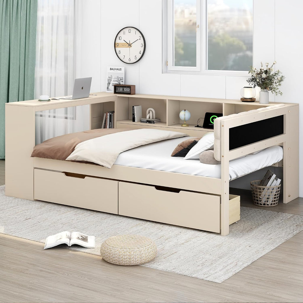 VilroCaz Modern Full Size Daybed with L-Shaped Bookcases and Desk, Solid Wood Daybed Sofa Bed Frame with 2 Drawers and Upholstered Headboard for Office Living Room Bedroom, Maximize Space (Full)