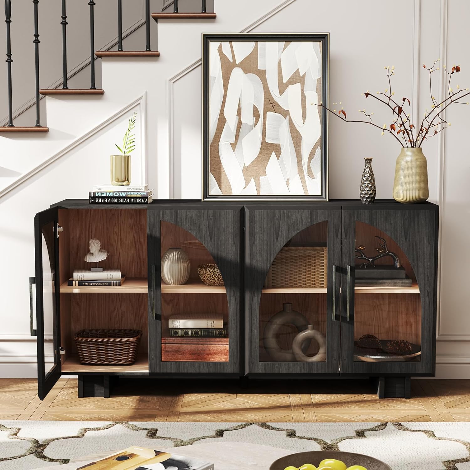 JOINICE Sideboard Buffet Cabinet with Storage,63' Modern Accent Console Cabinet with Glass Doors,Arched Credenza Storage Cabinet with Adjustable Shelves for Entryway,Kitchen,Black