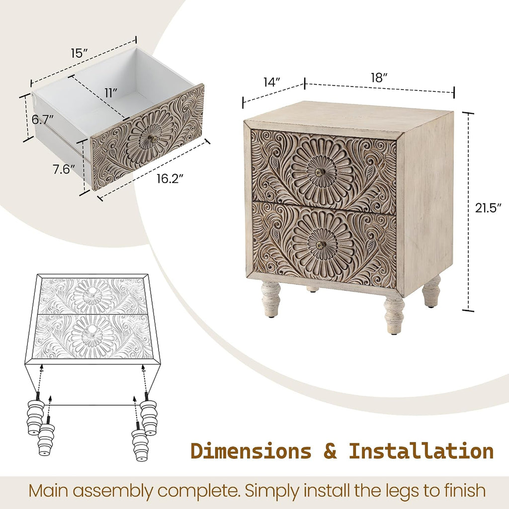 SUNBURY Nightstand w 2 Drawers, 18' Vintage Bedside Table, End Table Living Room Small Side Table, Lightweight MDF Accent Table Bedside Furniture