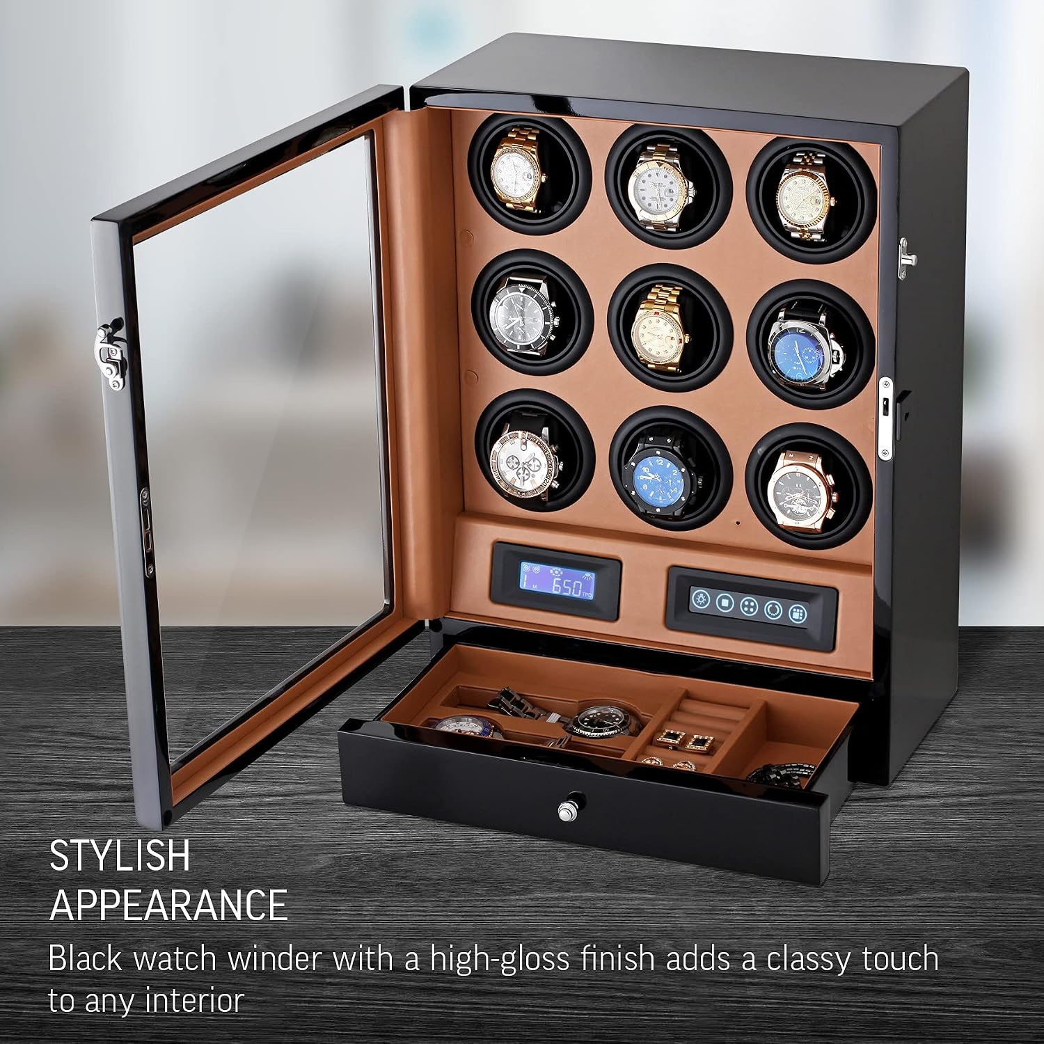 9 Watch Winder with LED Interior Light, LCD Display and 2 Watch Storage Space
