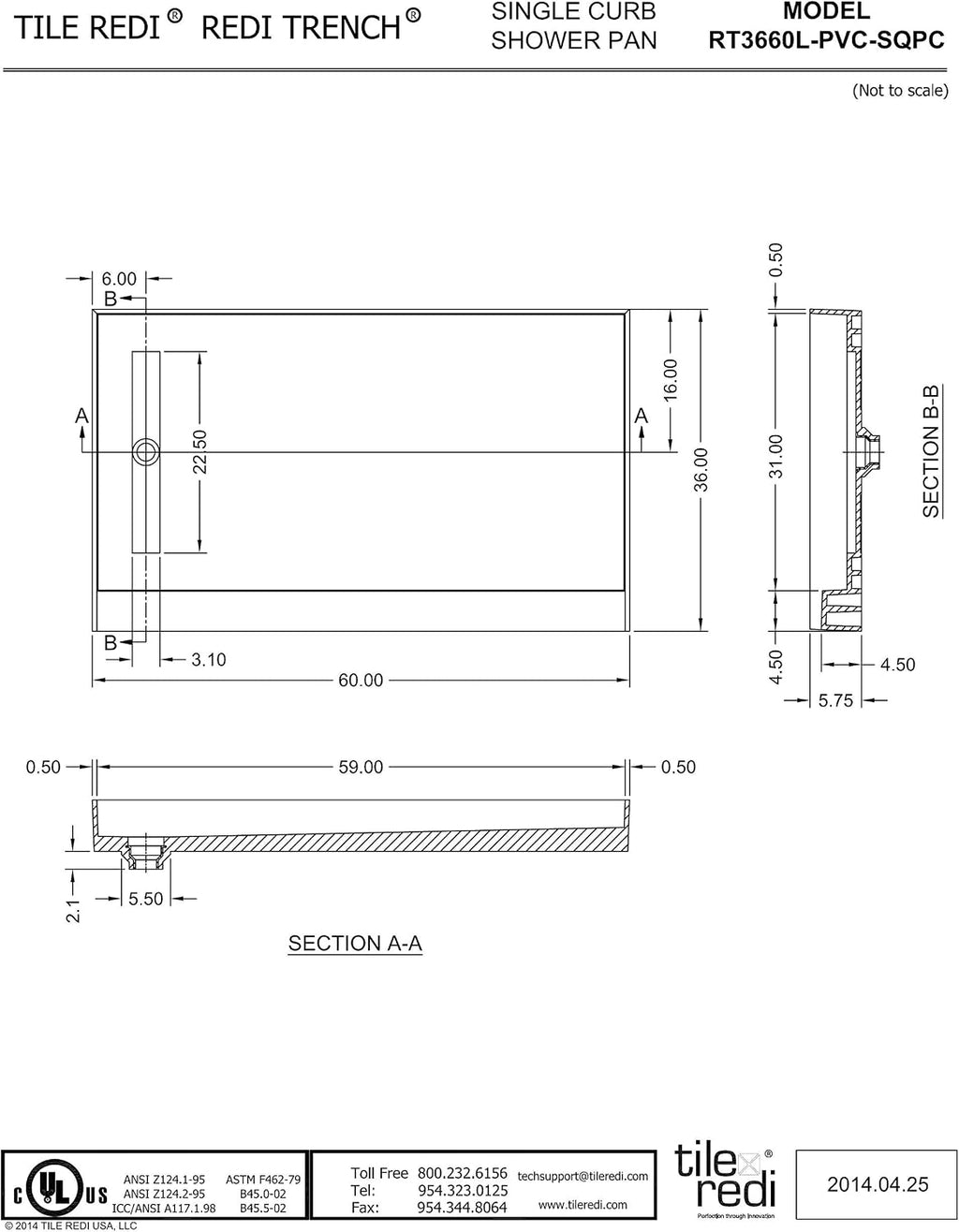 Tile Redi RT3660L-PVC-SQPC Shower Pan with Left Drain- Single Curb Shower Base, 2' PVC Drain, and Grate Included, 60' Width x 36' Depth