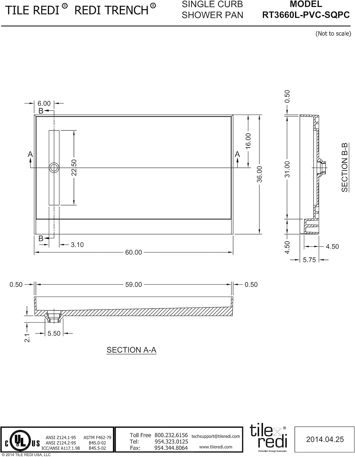 Tile Redi RT3660L-PVC-SQPC Shower Pan with Left Drain- Single Curb Shower Base, 2' PVC Drain, and Grate Included, 60' Width x 36' Depth