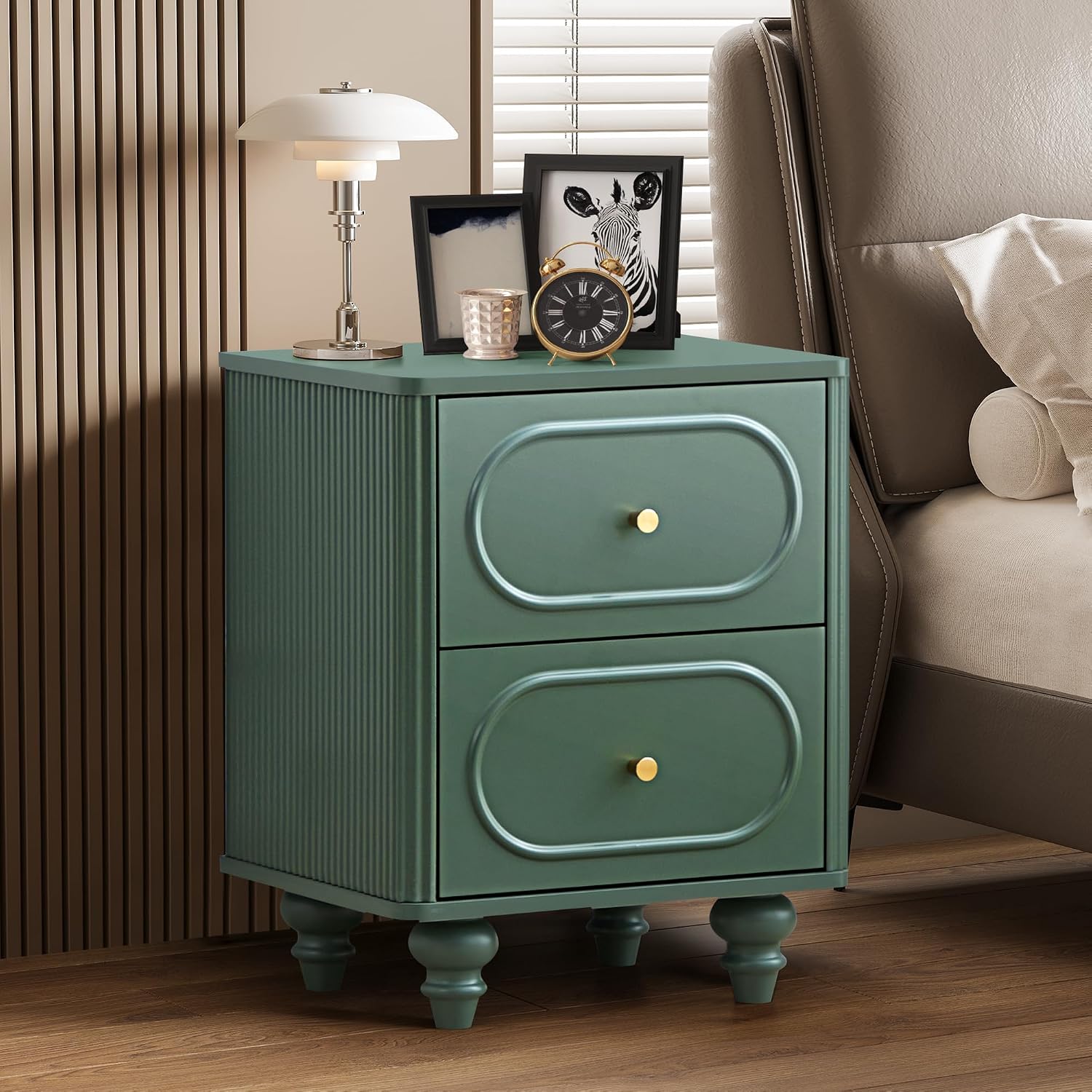 2 Drawer Fluted Nightstand Set of 2, Mid Century Modern Farmhouse Night Stand Small End Table Bedside Table for Bedroom, Green