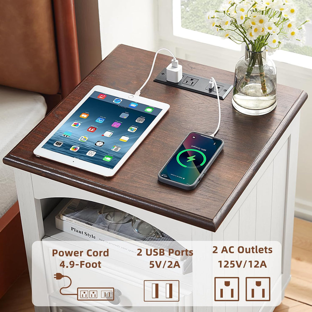 RWYHG 18' Farmhouse Night Stand with Charging Station, White Wood Nightstand with 2 Drawers, Bedside End Table with Shelf Storage, Bed Side Tables Cabinet for Bedroom, Living Room, and Closet