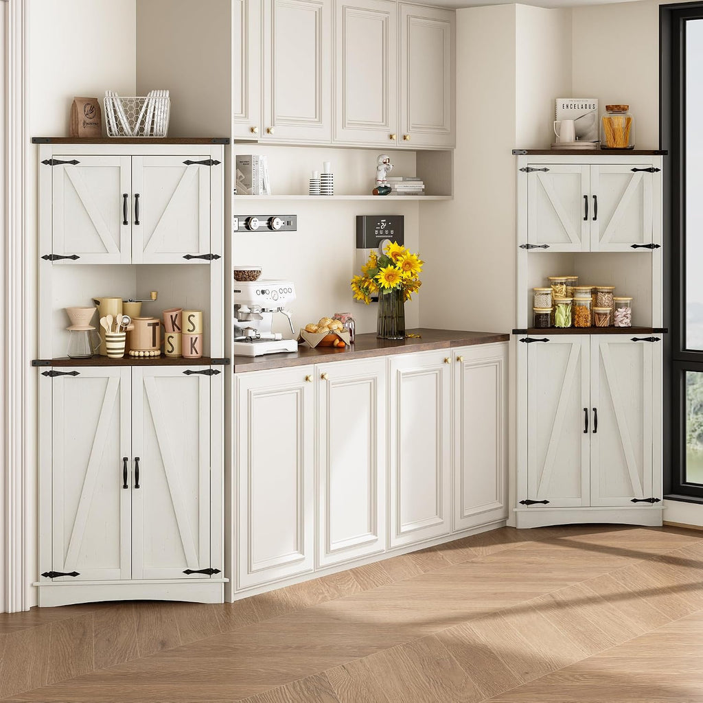 chartustriable 68' Tall Farmhouse Corner Cabinet, 28.3' Corner Storage Cabinet with 4 Doors and Adjustable Shelves, Tall Barn Door Cabinets with 5 Storage Shelves, for Kitchen, Bathroom, Antique White