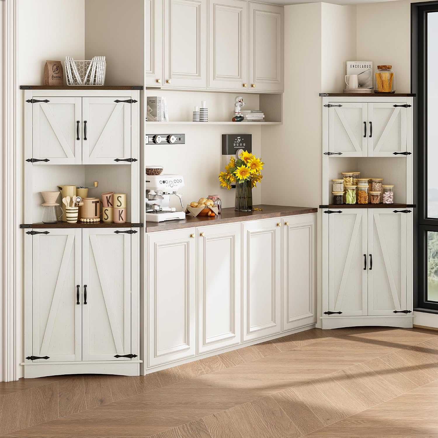 chartustriable 68' Tall Farmhouse Corner Cabinet, 28.3' Corner Storage Cabinet with 4 Doors and Adjustable Shelves, Tall Barn Door Cabinets with 5 Storage Shelves, for Kitchen, Bathroom, Antique White