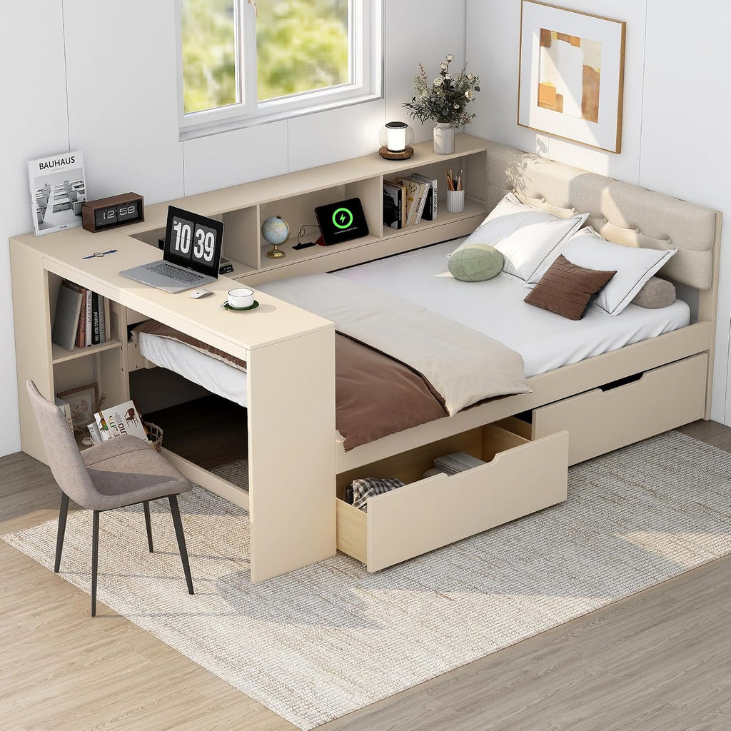 VilroCaz Modern Full Size Daybed with L-Shaped Bookcases and Desk, Solid Wood Daybed Sofa Bed Frame with 2 Drawers and Upholstered Headboard for Office Living Room Bedroom, Maximize Space (Full)