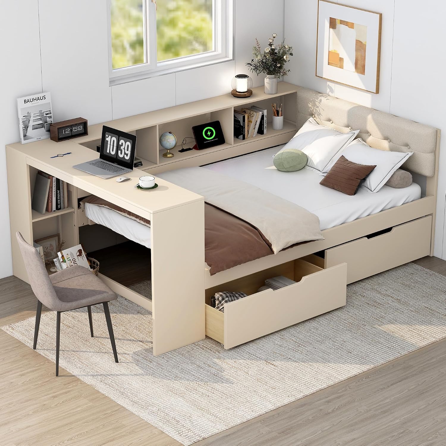 VilroCaz Modern Full Size Daybed with L-Shaped Bookcases and Desk, Solid Wood Daybed Sofa Bed Frame with 2 Drawers and Upholstered Headboard for Office Living Room Bedroom, Maximize Space (Full)