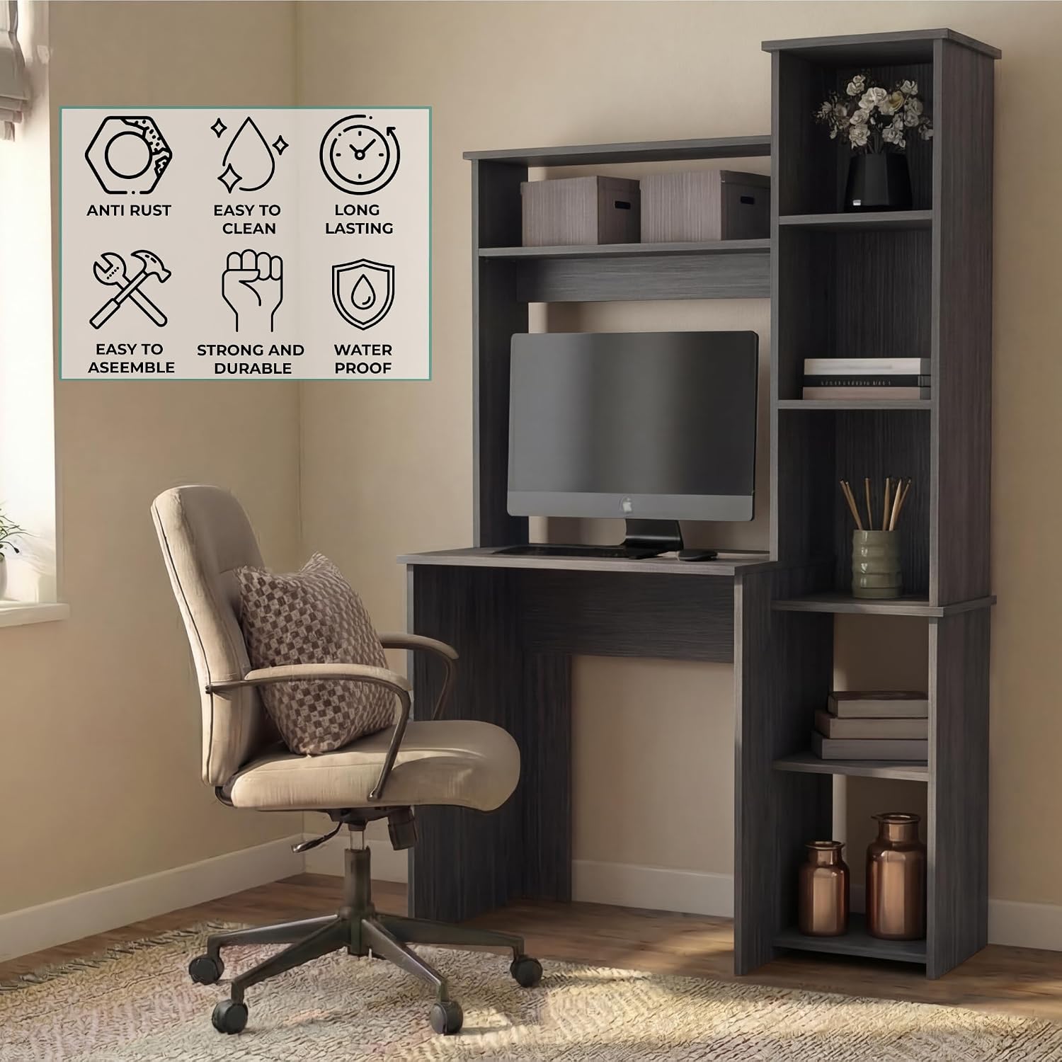Tuhome Versalles Writing Desk with Two Superior Shelves, Five Side Open Storage Compartments, Space-Saving Modern Workstation Design for Studios and Offices, Ideal for Organization, Books