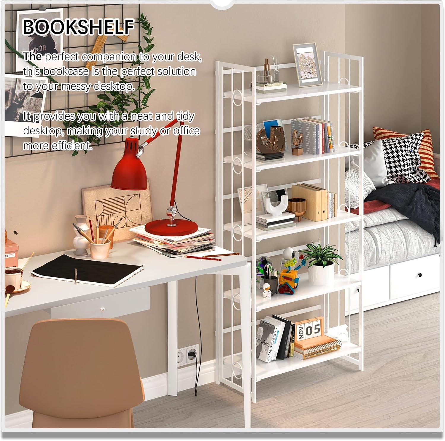 4NM No Assembly 5 Tiers Folding Bookshelf, 59.4' H Foldable Storage Shelves Vintage Bookcase Standing Racks Study Organizer Home Office - All White