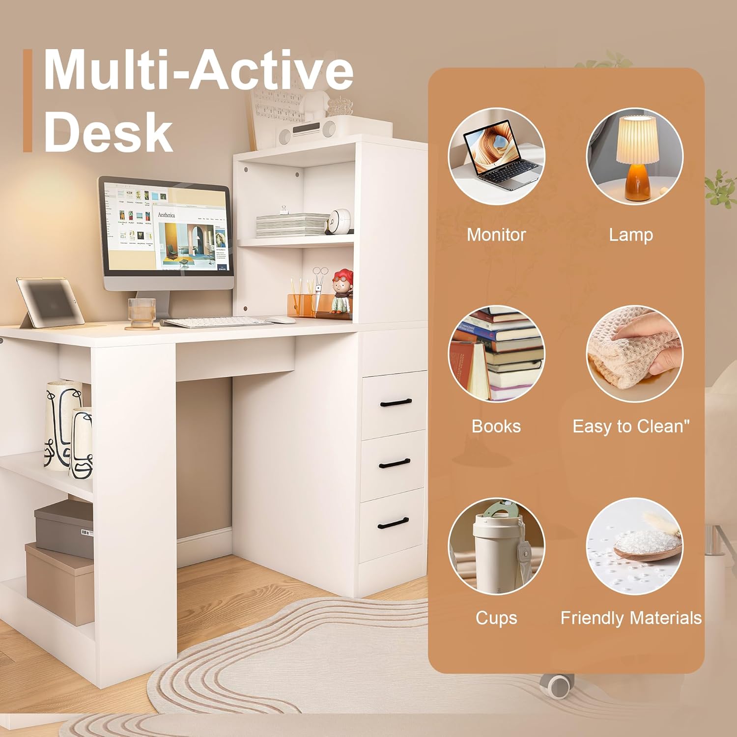 KEIKI L Shaped Desk with Drawers and Hutch, Corner Office Desk with Storage, Computer Desk with 4-in-1 Socket, 3 Drawers & 4 Shelves, White