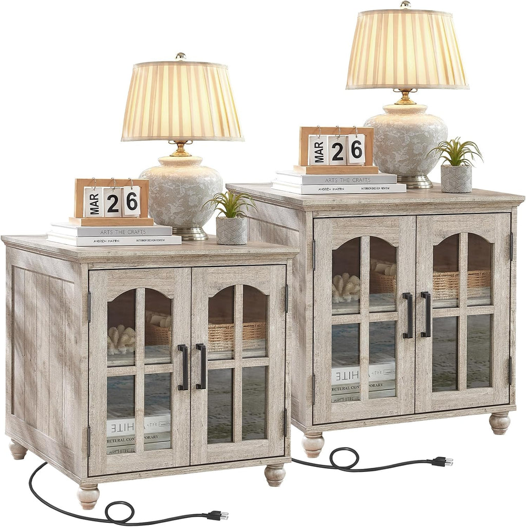 RWYHG Farmhouse 24' End Table Set of 2 with Charging Station, Large Sofa Side Table with Glass Barn Door,Wood Night Stand with Adjustable Storage Shelf,Square Bedside Table for Living Room,Bedroom