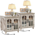 RWYHG Farmhouse 24' End Table Set of 2 with Charging Station, Large Sofa Side Table with Glass Barn Door,Wood Night Stand with Adjustable Storage Shelf,Square Bedside Table for Living Room,Bedroom