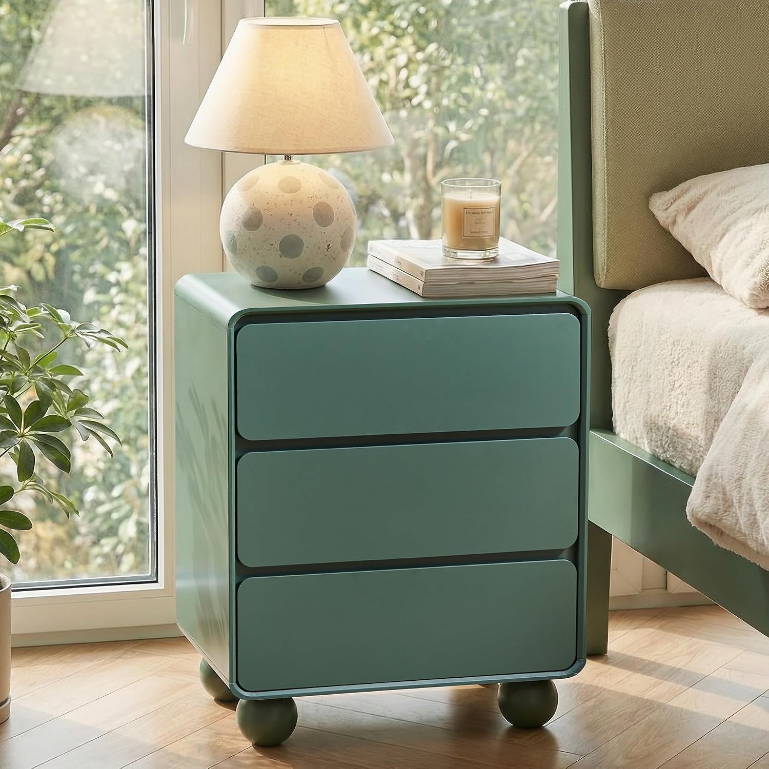AVZEAR Wooden Night Stand wth 3 Drawer Dresser Mid Century Modern End Table Chest of Drawers, Solid Wood Legs & Curved Profile Design, Farmhouse Side Table for Living Room, Green
