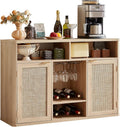 Lerliuo Rattan Wine Cabinet with 2 Doors, Boho Liquor Cabinet with Wine Racks, Farmhouse Coffee Bar Station for Living Room, Dining Room, Kitchen, Natural Wood