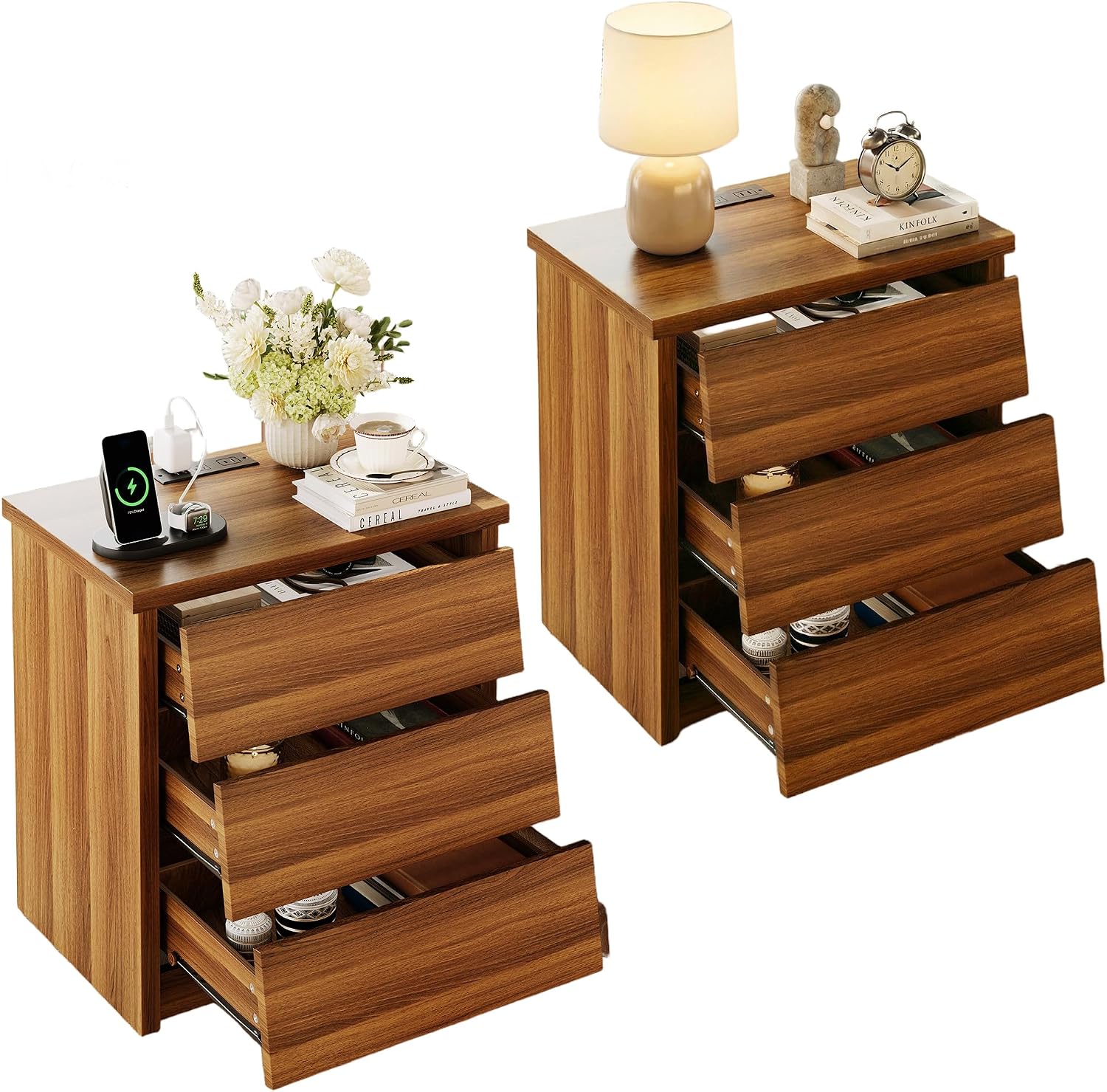23' Wide Nightstand Set of 2 with Charger Station, Wood Night Stand with 3 Drawers, Modern Bedside Table with USB Ports and Outlets, Storage Bed Side End Table for Bedroom, Living Room (Walnut)