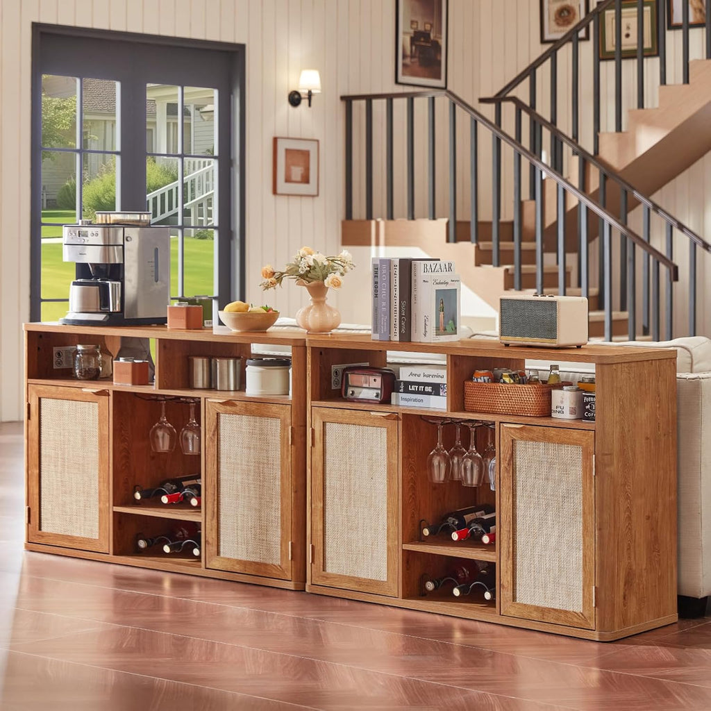 Lerliuo Rattan Wine Cabinet with 2 Doors, Boho Liquor Cabinet with Wine Racks, Farmhouse Coffee Bar Station for Living Room, Dining Room, Kitchen, Tea Brown