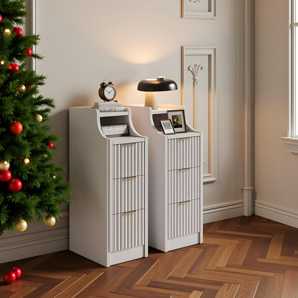 7.9' Narrow Nightstand Set of 2,23.6' Tall Fluted Bedside Table Set of 2, Slim Side End Table with 3 Drawers, Wooden Bedside Table, White Wood Night Stand for Bedroom Livingroom Sofa Office