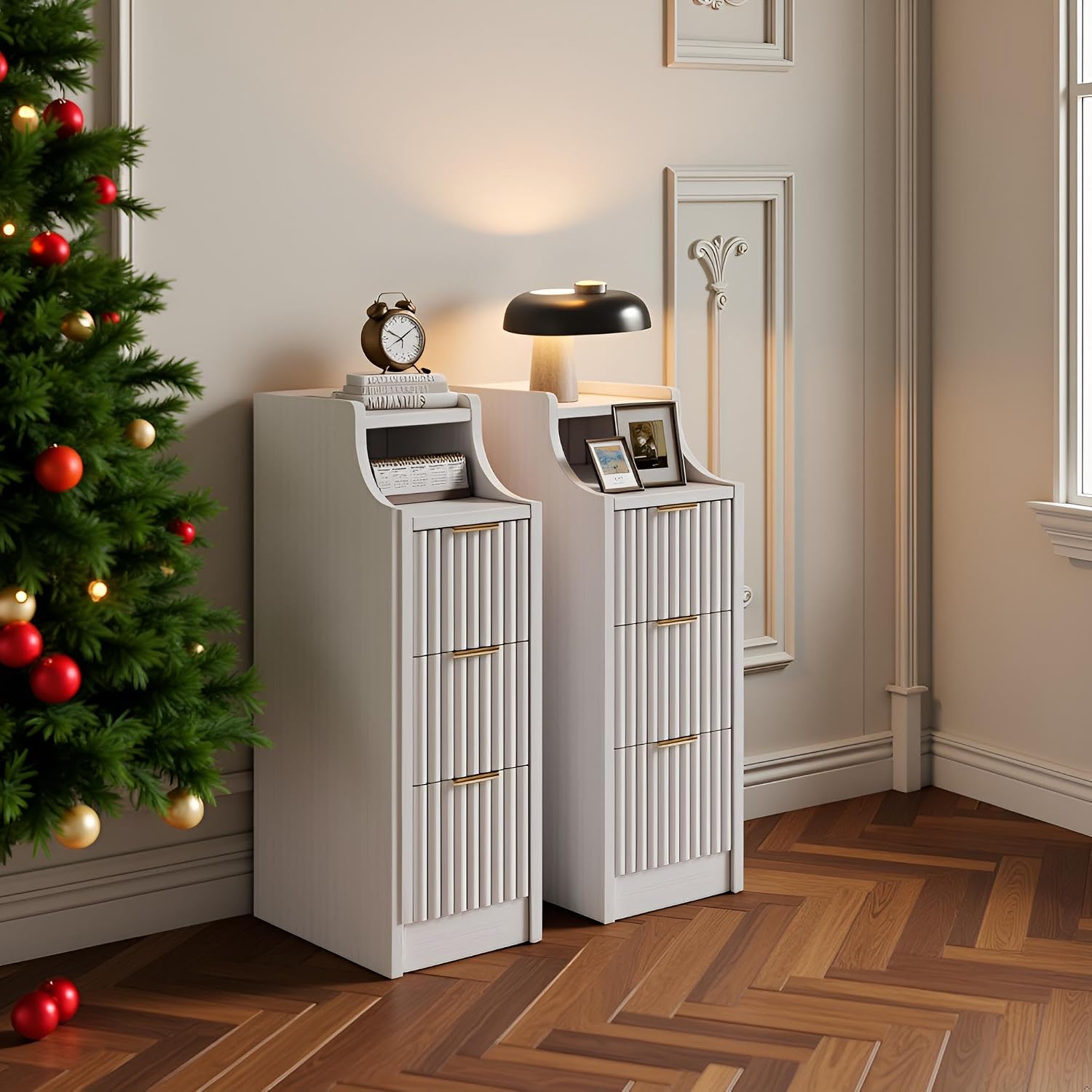 7.9' Narrow Nightstand Set of 2,23.6' Tall Fluted Bedside Table Set of 2, Slim Side End Table with 3 Drawers, Wooden Bedside Table, White Wood Night Stand for Bedroom Livingroom Sofa Office