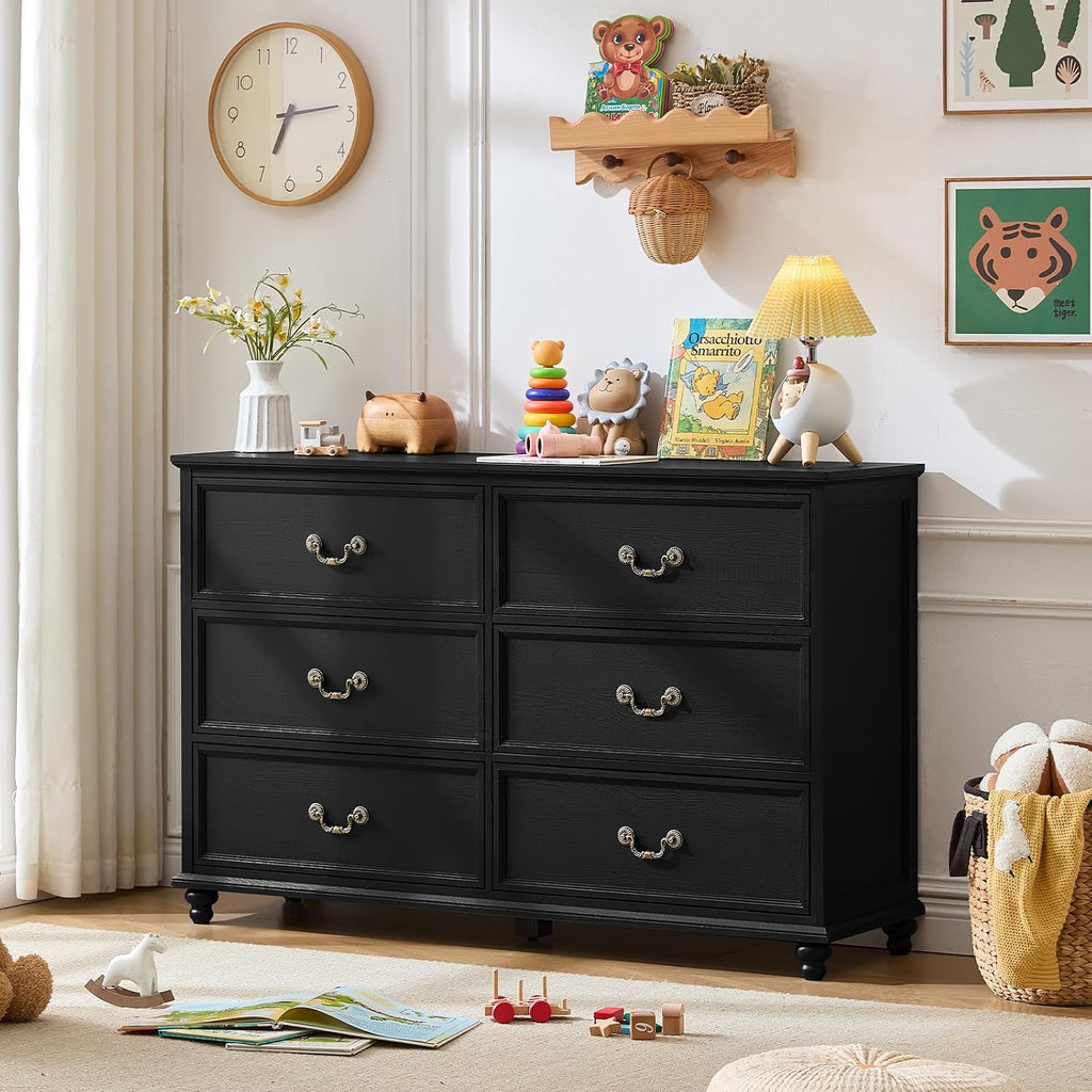 Joaxswe Farmhouse 6 Drawers Dresser for Bedroom, Vintage 54' Wide Chest of Drawers w/ 4 Wooden Legs, Rustic Large Closet Storage Dressers Organizer for Hallway, Wood TV Stand for Living Room, Black