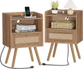 SUPERJARE Nightstands Set of 2, Night Stands with Charging Station & PE Rattan Decor Drawer, Bed Side Tables with Solid Wood Feet, End Table, for Bedroom, Living Room, Walnut