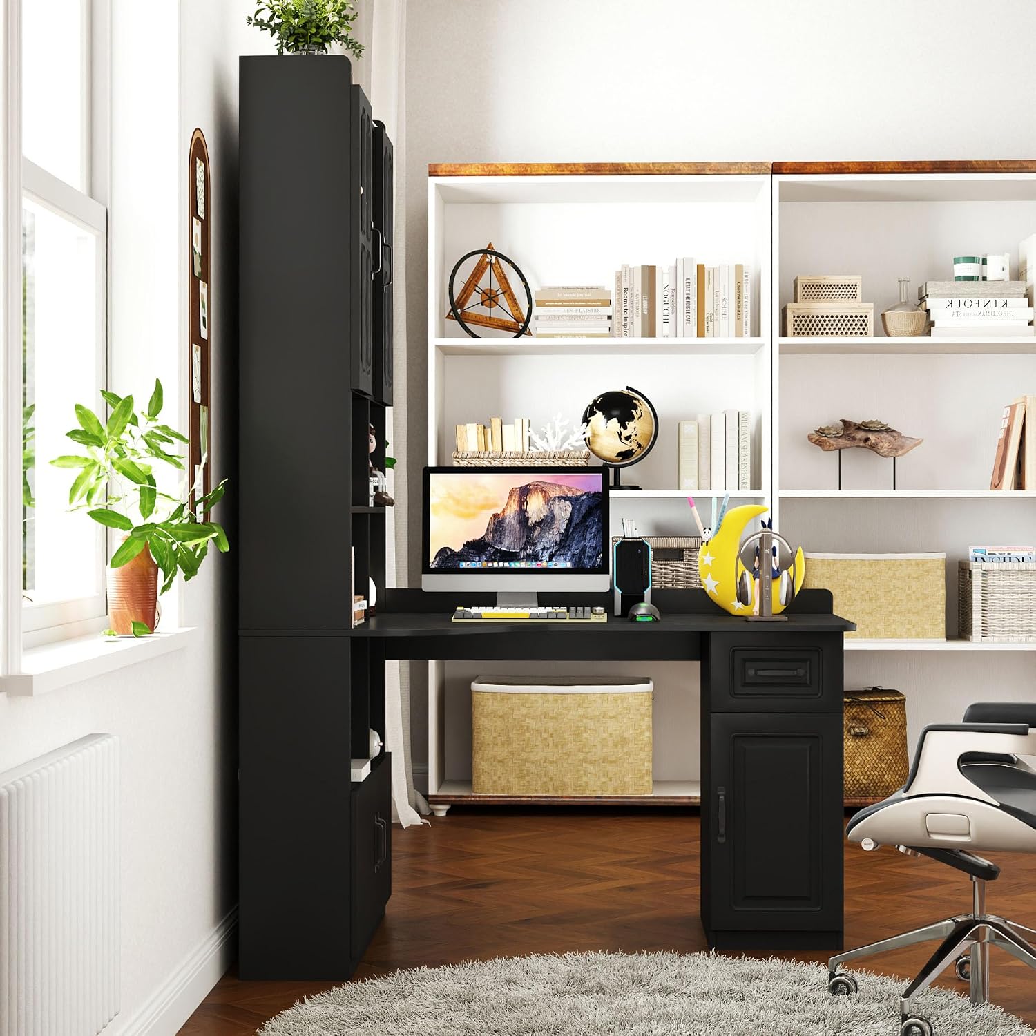 l Shaped Desk with Hutch & Drawers, Small Corner Desks for Small Space Home Office, Farmhouse Desk and Bookshelf Combo with Storage (Black)